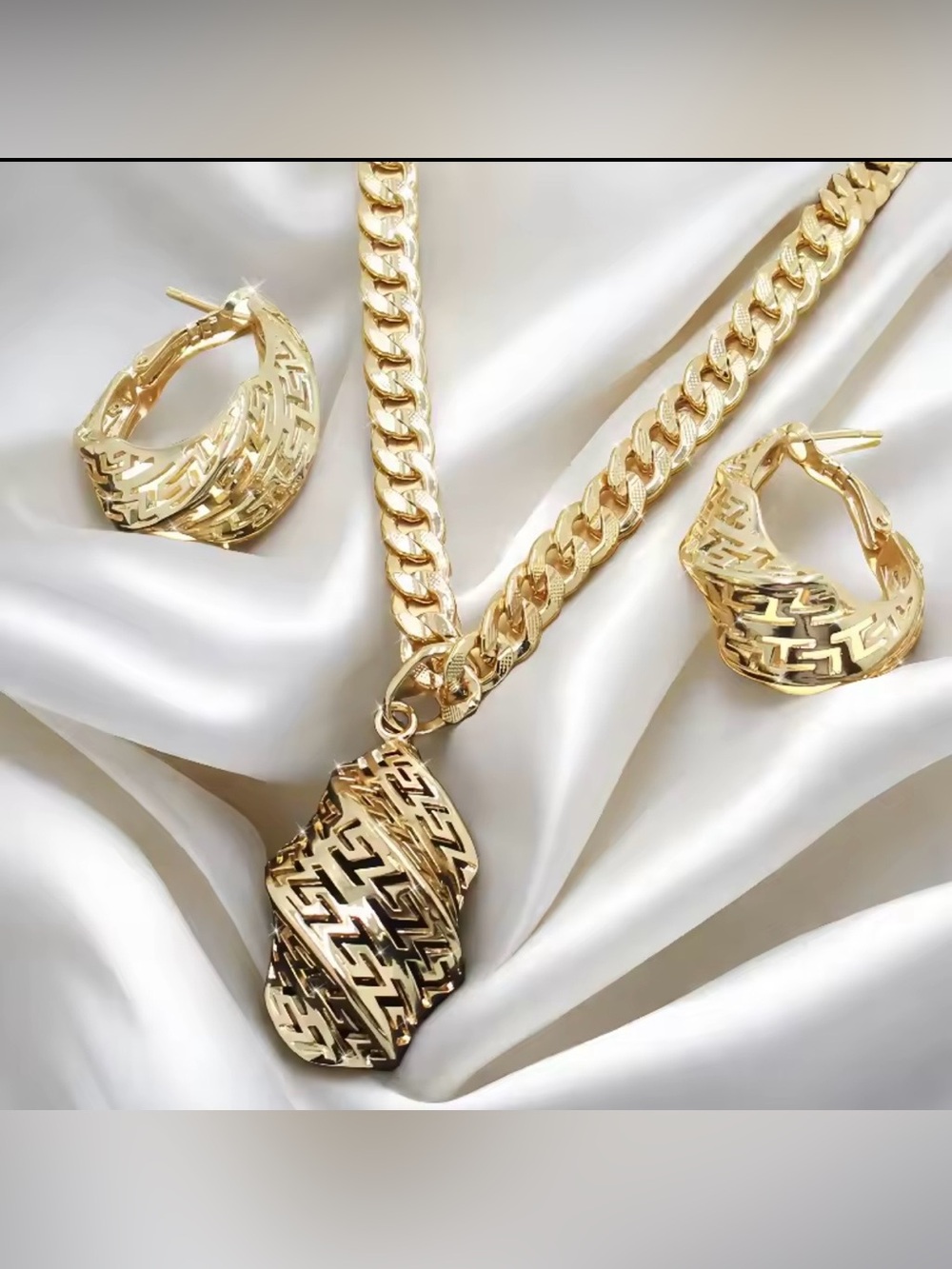 Gold Greek Key Pendant Necklace and Hoop Earring Set